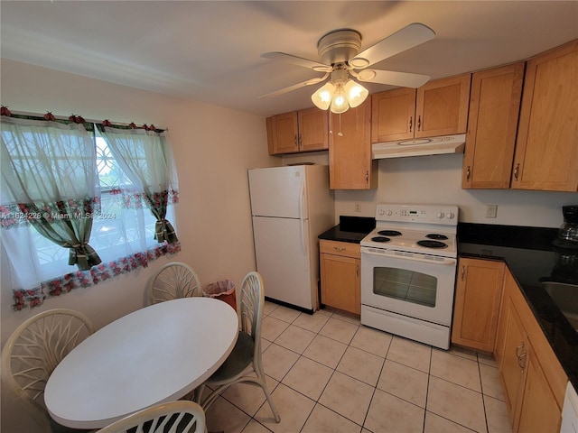 kitchen with ceiling fan, sink, white appliances, and light tile patterned flooring