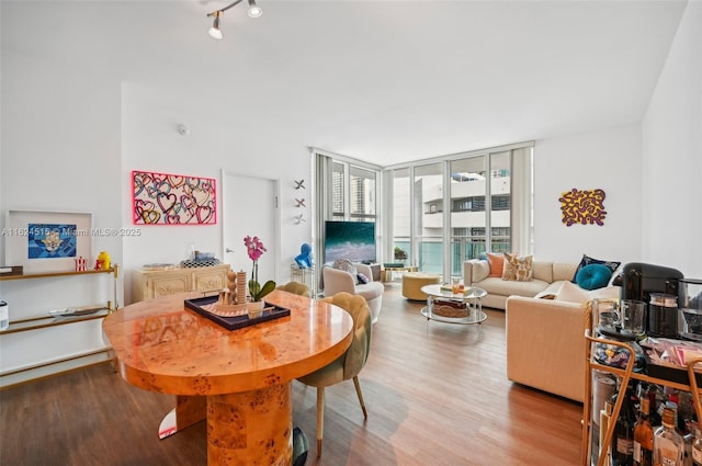 dining room featuring floor to ceiling windows and wood-type flooring