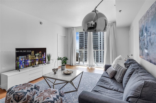 living room featuring a textured ceiling, floor to ceiling windows, and wood-type flooring