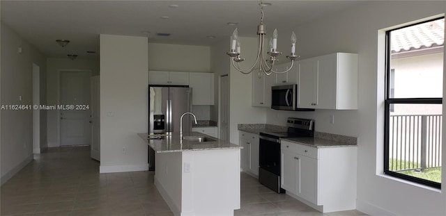 kitchen with sink, stainless steel appliances, a center island with sink, and white cabinetry