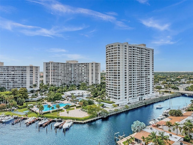 bird's eye view with a water view