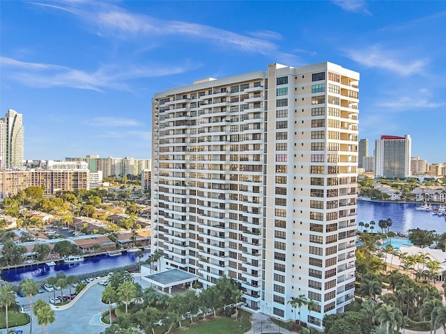 view of building exterior featuring a water view