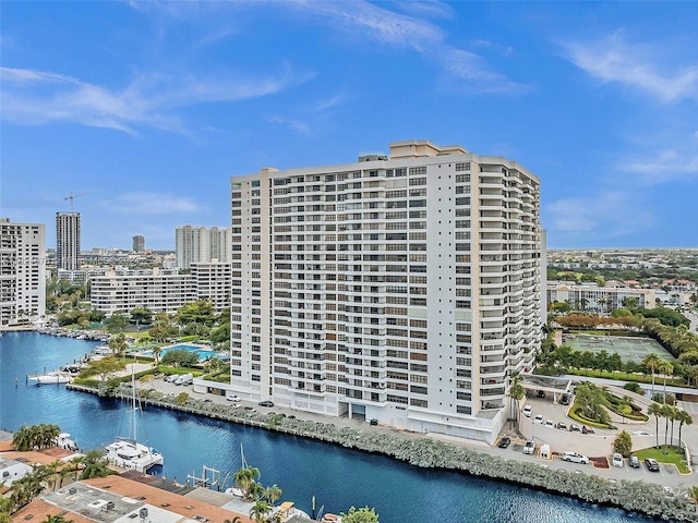 view of building exterior featuring a water view