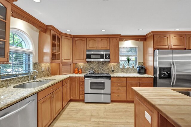 kitchen featuring plenty of natural light, stainless steel appliances, light wood finished floors, and a sink