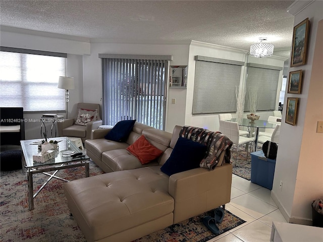 tiled living room with a textured ceiling