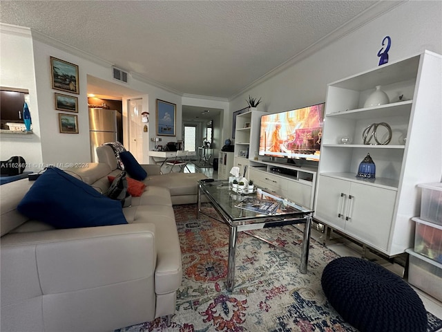 living room featuring crown molding and a textured ceiling