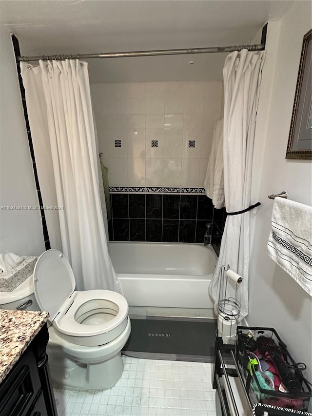 full bathroom featuring vanity, toilet, shower / bathtub combination with curtain, and tile patterned flooring