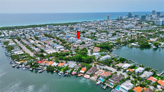 drone / aerial view featuring a water view