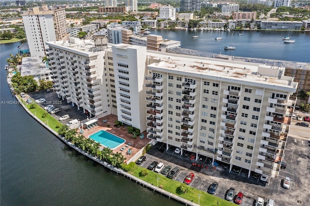 bird's eye view with a water view