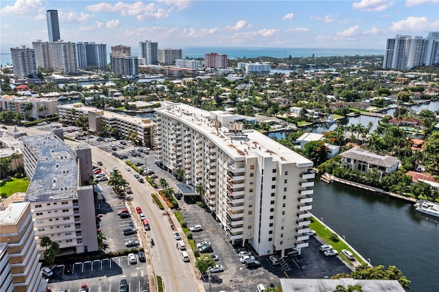 bird's eye view with a water view