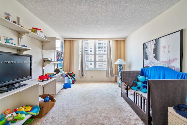 bedroom with a textured ceiling and carpet flooring