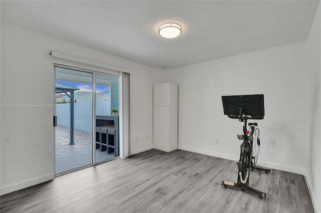 exercise room with light hardwood / wood-style floors