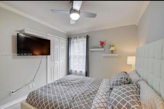 bedroom with ceiling fan, a closet, and ornamental molding