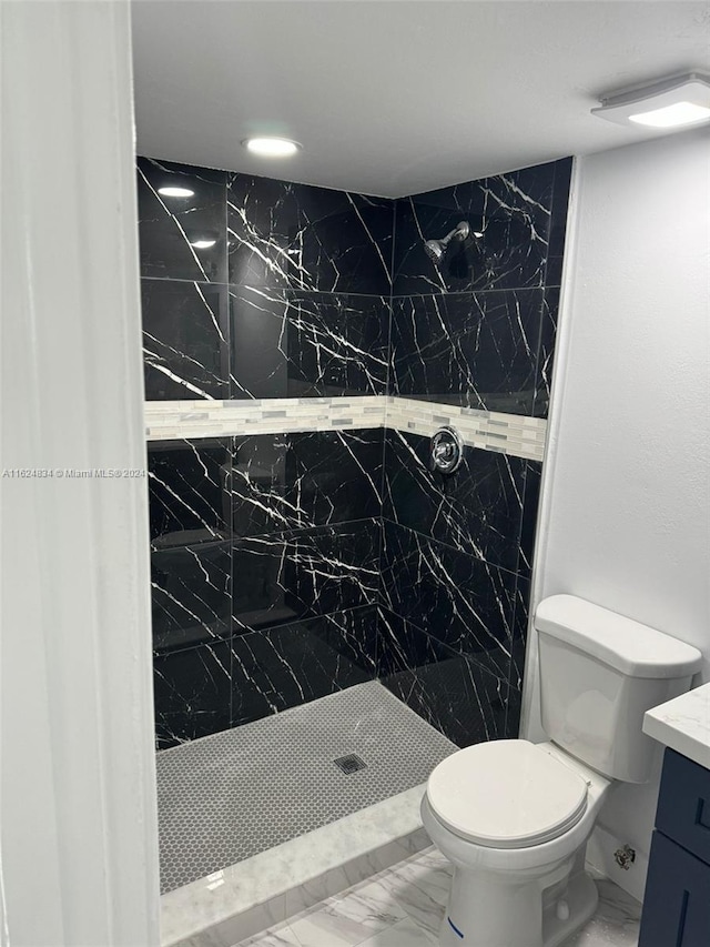 bathroom with a tile shower, vanity, and toilet