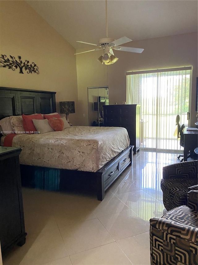 tiled bedroom with lofted ceiling, ceiling fan, and access to outside