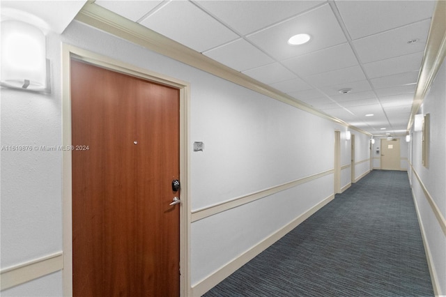 hallway featuring ornamental molding, dark colored carpet, and a paneled ceiling