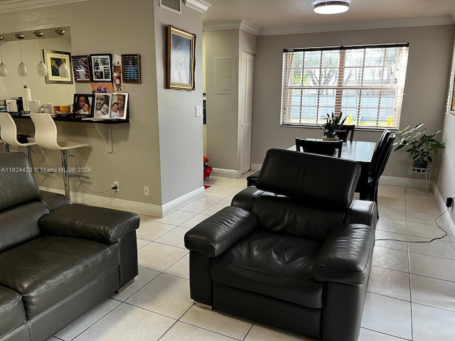 tiled living room with ornamental molding