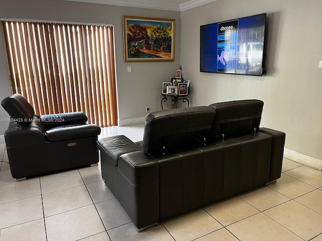 tiled living room featuring ornamental molding