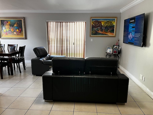 living room with light tile patterned floors and crown molding