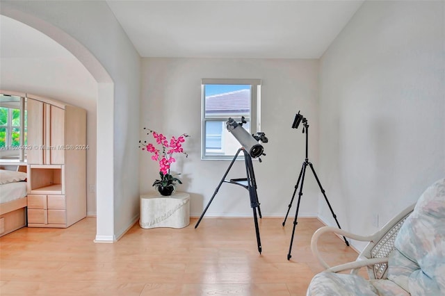 interior space with a wealth of natural light, baseboards, arched walkways, and light wood-style flooring