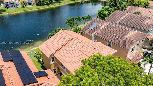 aerial view featuring a water view