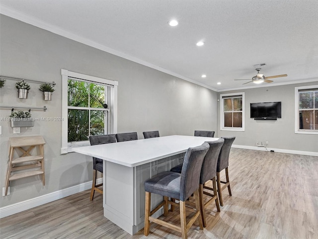 dining space with ornamental molding, ceiling fan, a textured ceiling, and light hardwood / wood-style floors