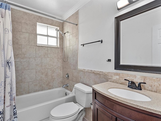 full bathroom featuring tile walls, vanity, shower / bath combination with curtain, and toilet