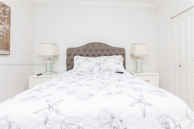 bedroom featuring crown molding and a closet