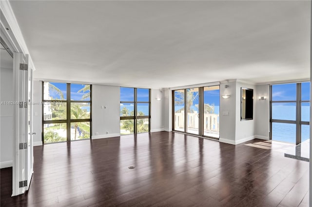 unfurnished living room with hardwood / wood-style flooring, a wealth of natural light, and a wall of windows