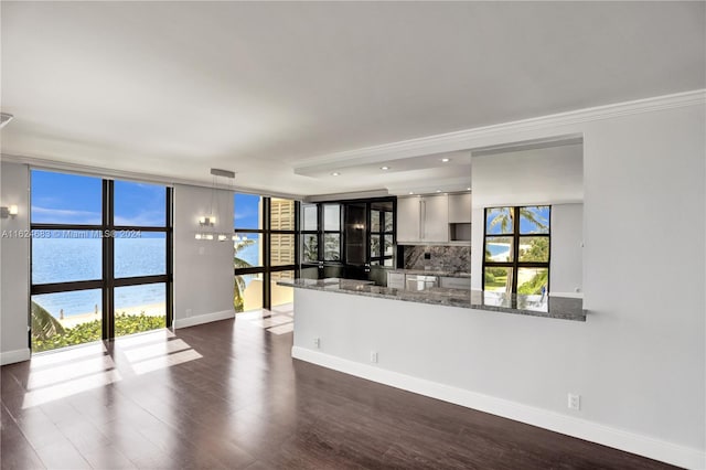 kitchen featuring a healthy amount of sunlight, dark hardwood / wood-style flooring, tasteful backsplash, and kitchen peninsula