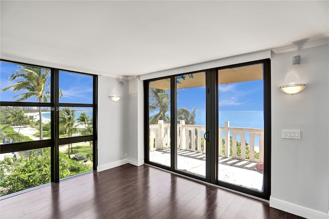 empty room with a wall of windows, a water view, crown molding, and hardwood / wood-style floors