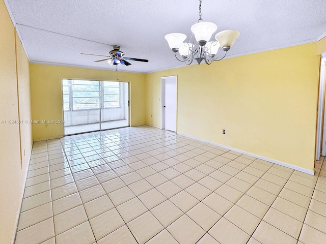 unfurnished room featuring light tile patterned floors, a textured ceiling, ceiling fan with notable chandelier, and baseboards