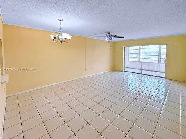 unfurnished room with light tile patterned floors, baseboards, a textured ceiling, and ceiling fan with notable chandelier