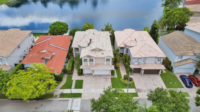 drone / aerial view featuring a water view