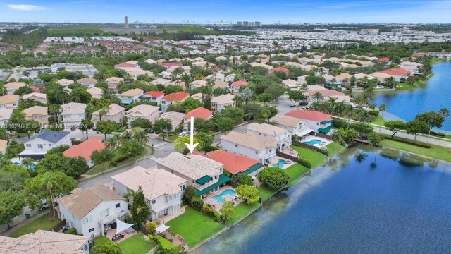 aerial view featuring a water view