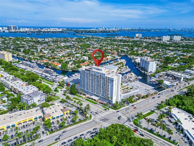 drone / aerial view featuring a water view