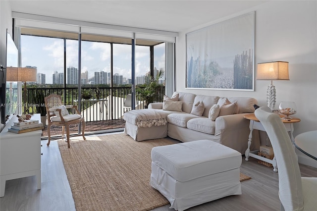 living room featuring light hardwood / wood-style flooring and floor to ceiling windows