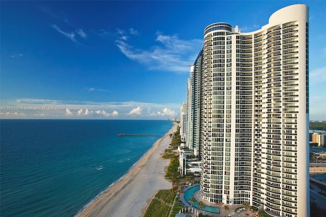 property view of water featuring a beach view