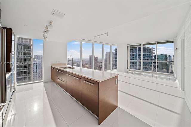 kitchen featuring a healthy amount of sunlight, track lighting, sink, and light tile patterned floors