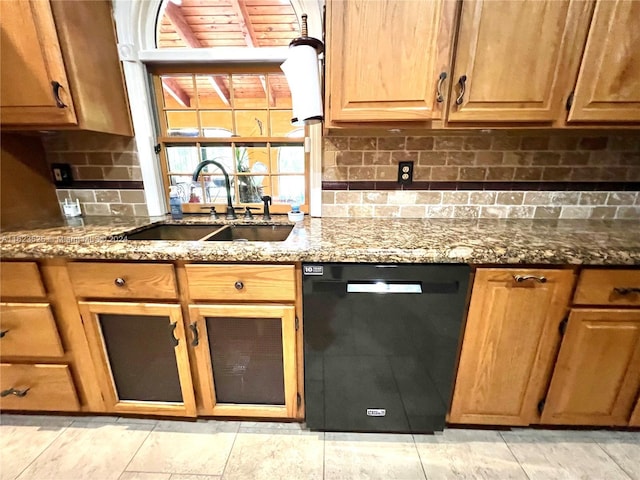 kitchen with sink, backsplash, dark stone counters, and dishwasher