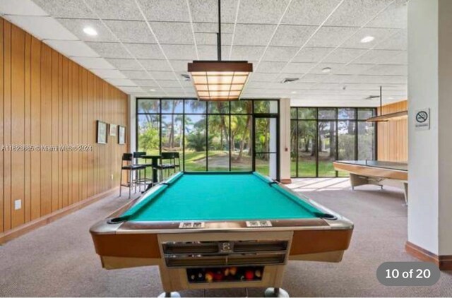 rec room featuring floor to ceiling windows, pool table, wood walls, and carpet floors