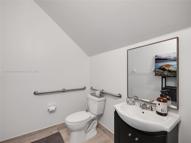 bathroom with vanity, lofted ceiling, and toilet