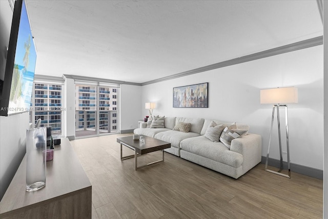 living room with crown molding and wood-type flooring