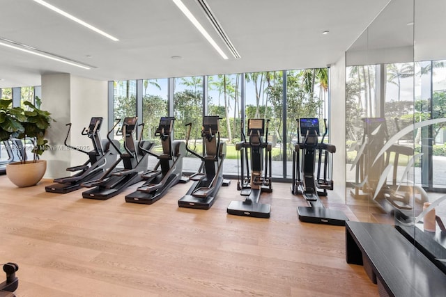 480 NE 31st St Unit 1005, Miami, FL 33137 - gym with floor to ceiling windows and wood finished floors