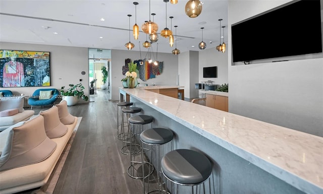 480 NE 31st St Unit 1005, Miami, FL 33137 - kitchen with open floor plan, wood finished floors, light stone counters, a kitchen bar, and pendant lighting
