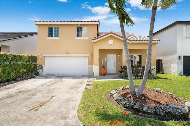 mediterranean / spanish-style house featuring a tiled roof, a front yard, concrete driveway, an attached garage, and stucco siding