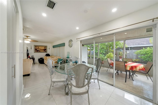 dining room featuring ceiling fan, recessed lighting, light tile patterned flooring, and visible vents