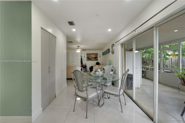 dining space featuring a ceiling fan, baseboards, visible vents, and recessed lighting