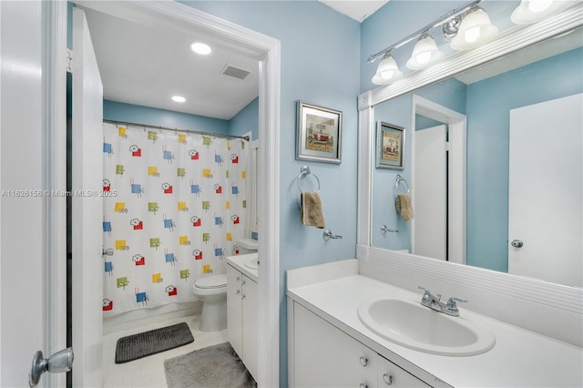 full bath featuring toilet, visible vents, and vanity