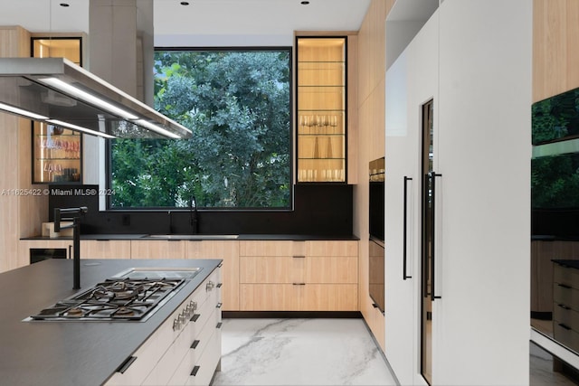 kitchen with island range hood, sink, stainless steel appliances, and plenty of natural light